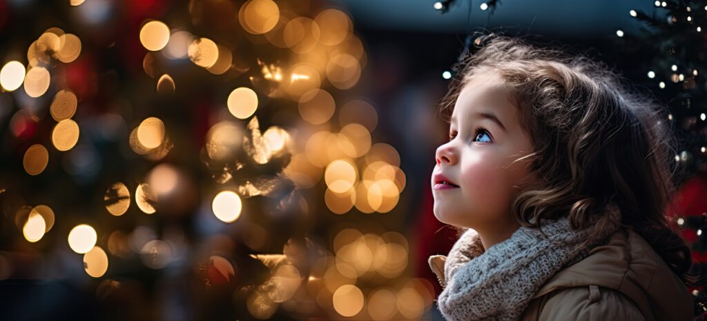 Young cute girl in awe of twinkling lights and ornaments on majestic Christmas tree. Sense of wonder and joy.